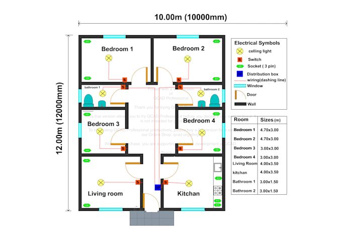 create 2d residential electrical wiring plan in cad